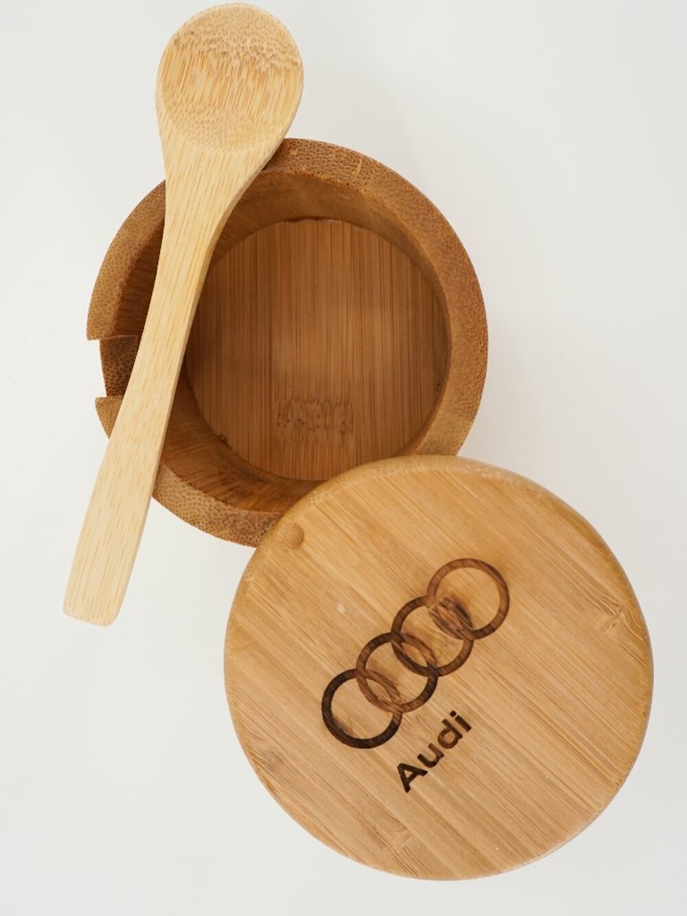 Totally Bamboo Salt Cellar Magnetic Swivel Lid "Audi" Engraved On Lid